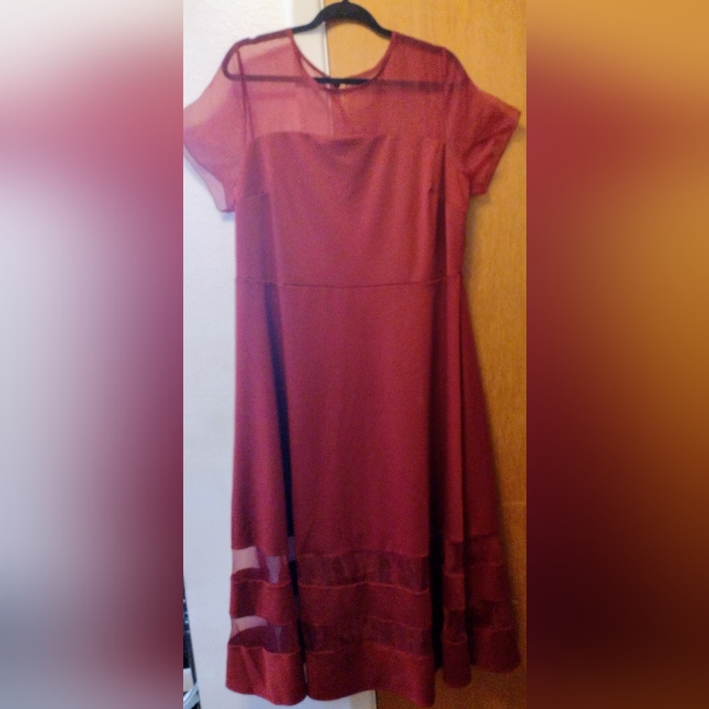 Roman's Burgundy Midi Length Short Sleeved Modest Dress